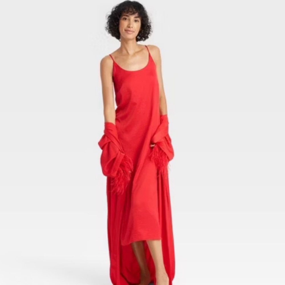 ~Scarlet Red Satin Auden Chemise w/Mesh V-Neckline & Side Slits~